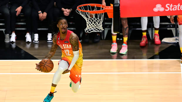 Ja Morant dunks the ball in the 2023 NBA All-Star Game.